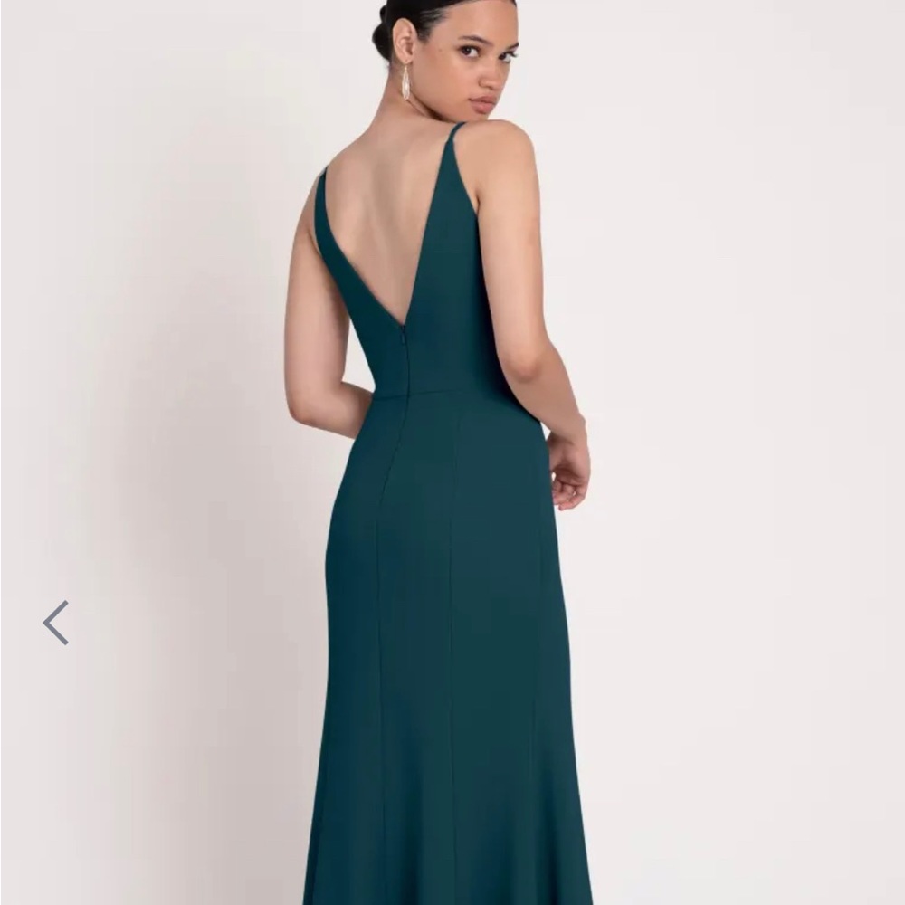 Jenny Yoo “Taryn” floor length gown in “Caspian Sea” color.